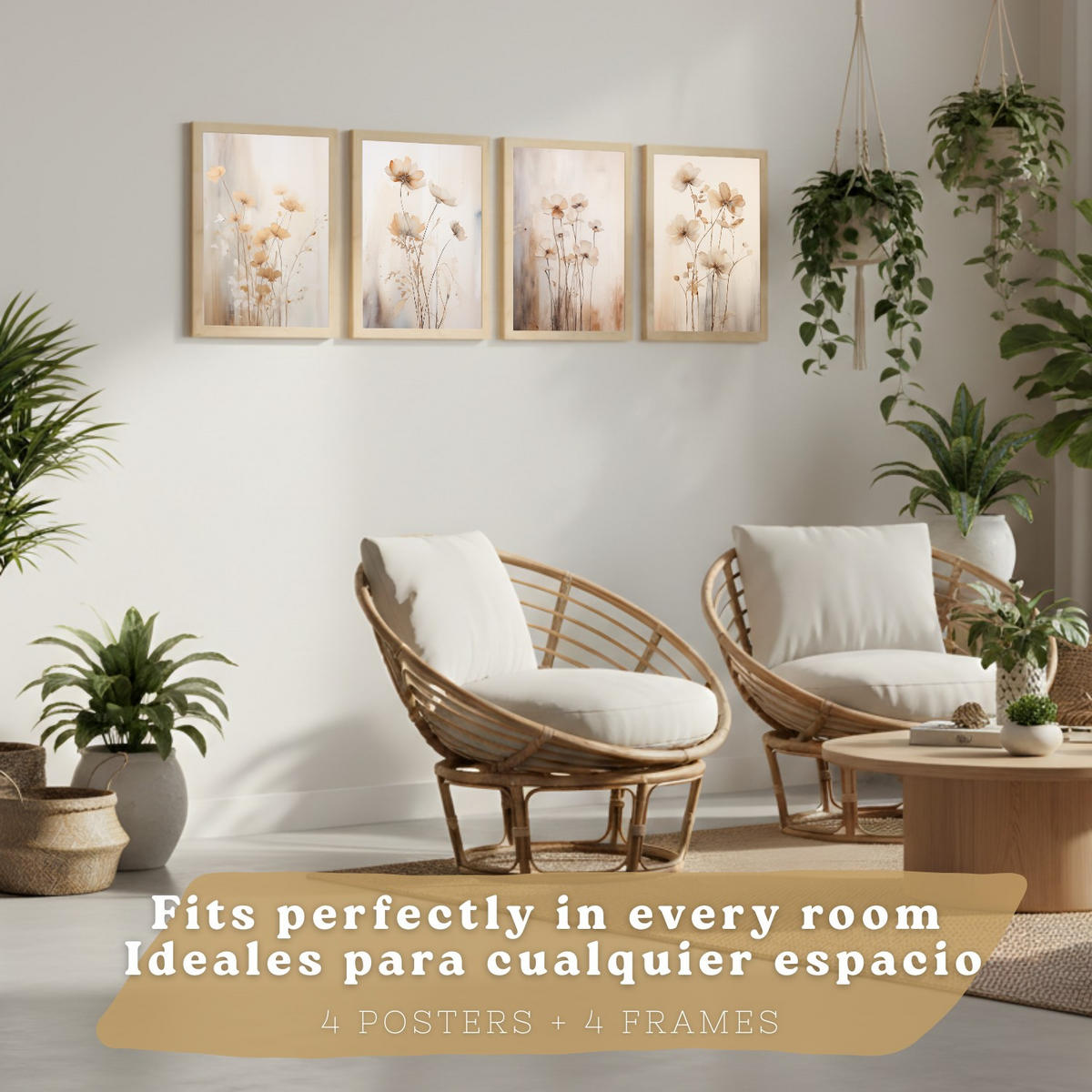 POSTER 4er-Set Wandbilder Blumen Vintage modern Wohnzimmer Deko, Schlafzimmer, Küche, Badezimmer Rahmenlos A3 - Beige, Papier (29.7/1/42cm) - Nacnic