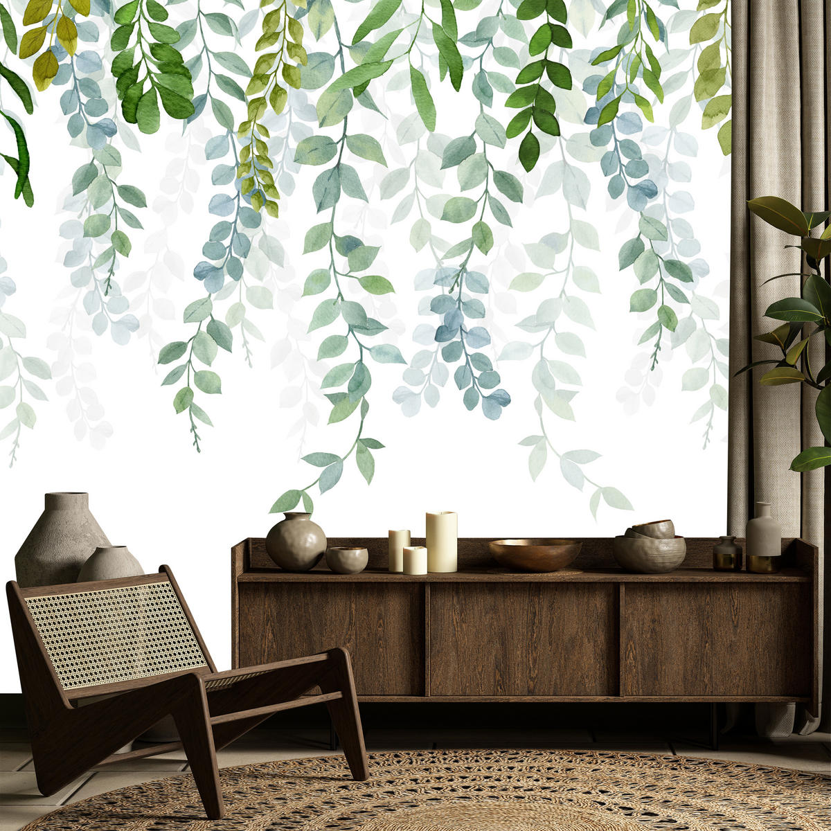 FOTOTAPETE für Schlafzimmer Zarte Ranken Blätter Kletterpflanzen Natur 150x105 - Weiß/Grün, Papier (150/105cm) - Muralo