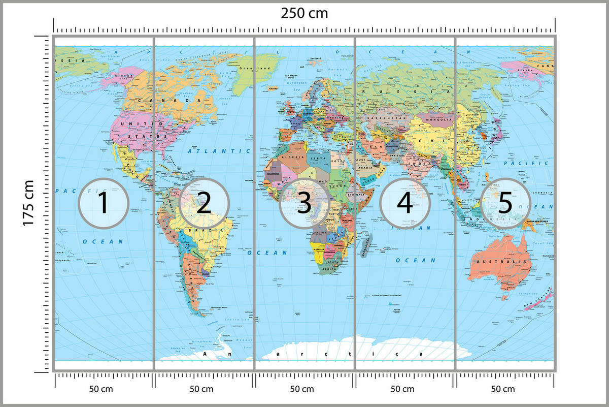 FOTOTAPETE für Wohnzimmer Politische Weltkarte Kontinente 250x175 - Gelb/Rosa, Papier (250/175cm) - Muralo