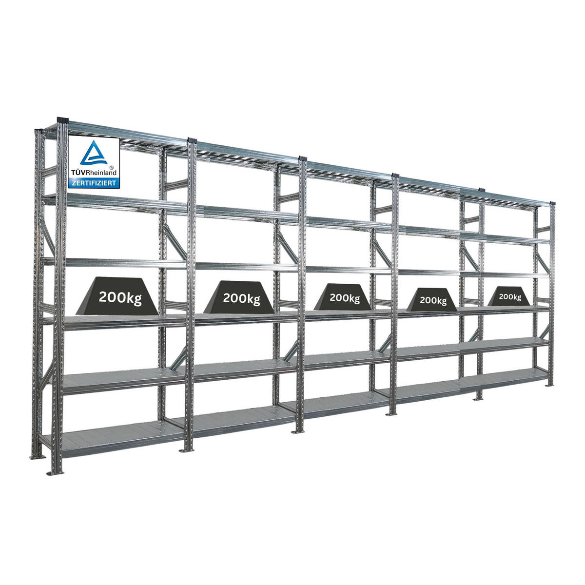 FACHBODENREGAL Proximo Stecksystem 210x450x32cm 6 Ebenen Beidseitig nutzbar Verzinkt - Silberfarben, Metall (450/210/32cm) - PROREGAL