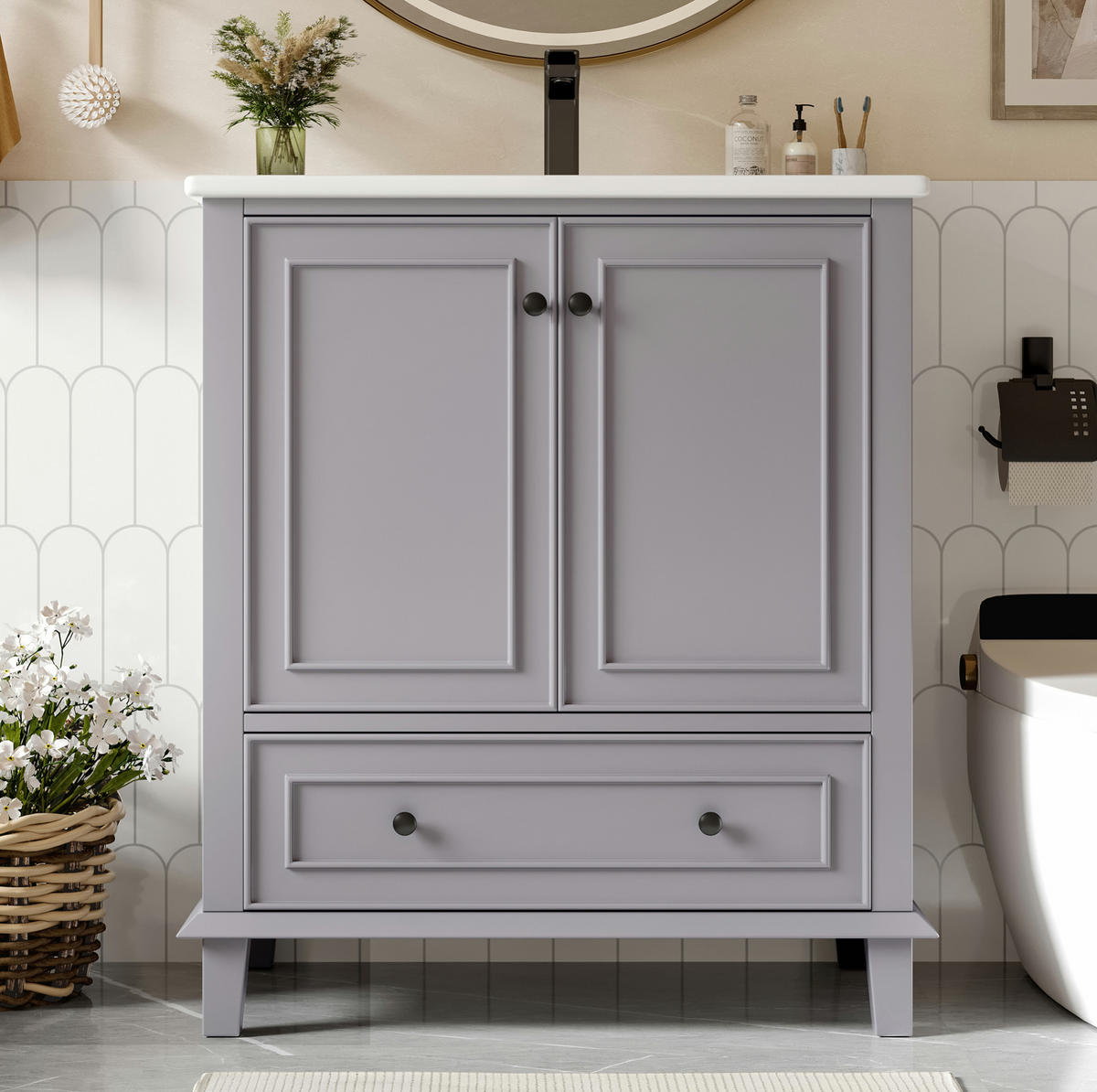 BADEZIMMERSCHRANK mit Keramikbecken 76x46x87 cm Grau - Grau, Holzwerkstoff (46/87/76cm) - Beauniv