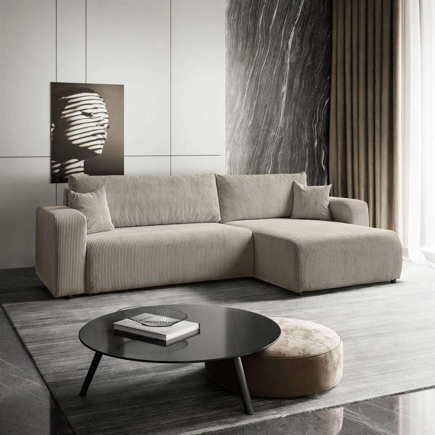 ECKSOFA Gepolstertes PRESTIGE XL mit Schlaffunktion und Bettkasten, Poso 02 - Beige, Textil (277/143cm) - Lookway