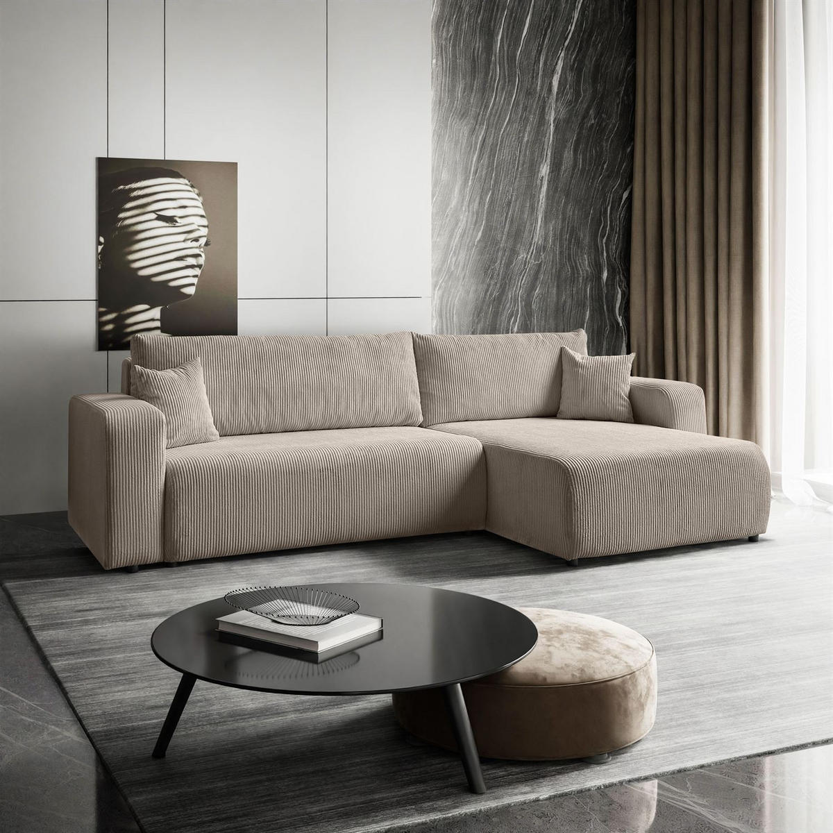 ECKSOFA Gepolstertes PRESTIGE XL mit Schlaffunktion und Bettkasten, Poso 02 - Beige, Textil (277/143cm) - Lookway