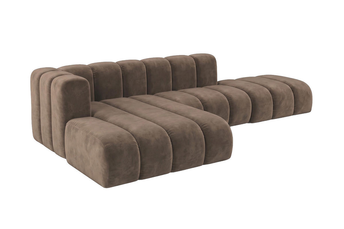 ECKSOFA Modulares In L-Form Mit Hocker, Velvet-Stoff Riviera, Braun, Links, GRAND Mini - Braun, Holz (295/179cm) - Kaiser Möbel