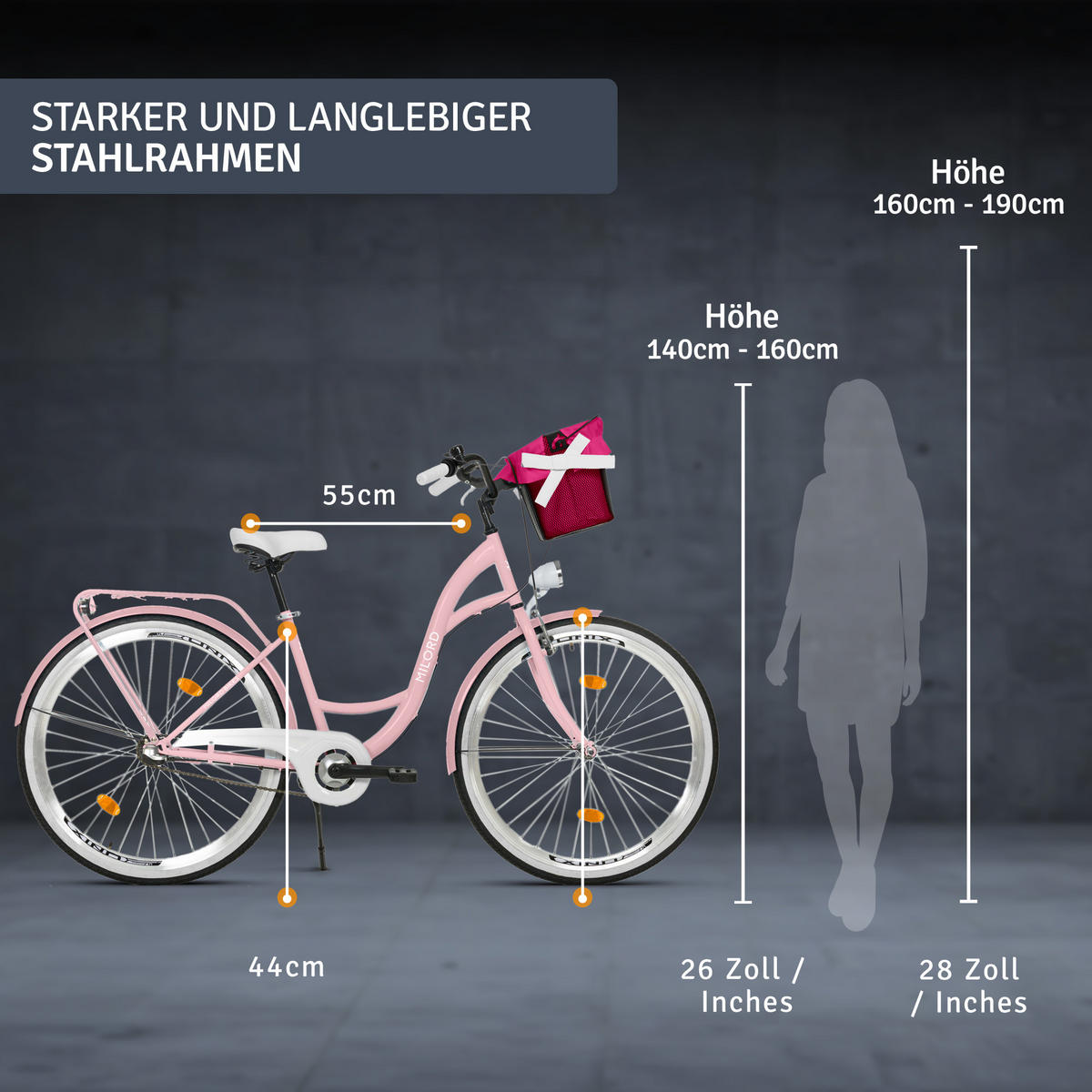 CITY-FAHRRAD Milord mit Metallkorb, 26 Zoll, Rosa, 3-Gang - Pink, Metall (46cm) - Milordbikes