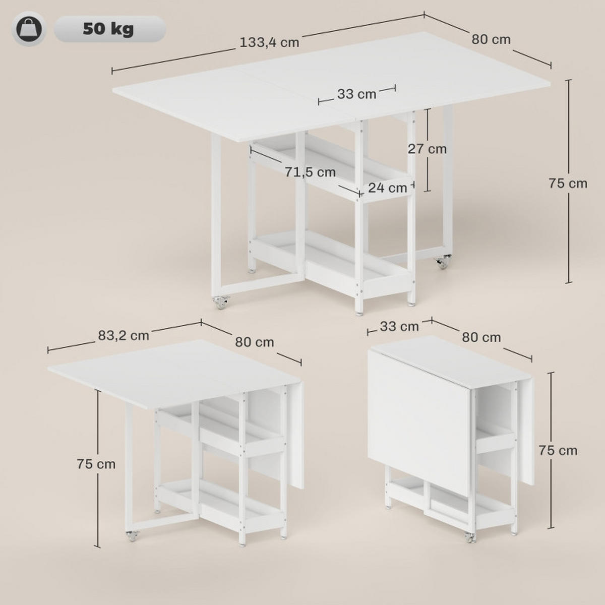 KLAPPTISCH 133,4/80/75 cm in Weiß – platzsparend mit Ablagen und Rollen - Weiß, Holz (133.4/80/75cm) - BEAOK