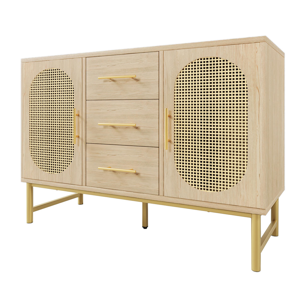 KOMMODE mit 2 Türen, 3 Schubladen, LED-Beleuchtung und Rattan-Optik, 120 x 40 x 74 cm, Eiche, Metall, Spanplatte - Eichefarben, Holzwerkstoff (120/74/40cm) - SONNENH