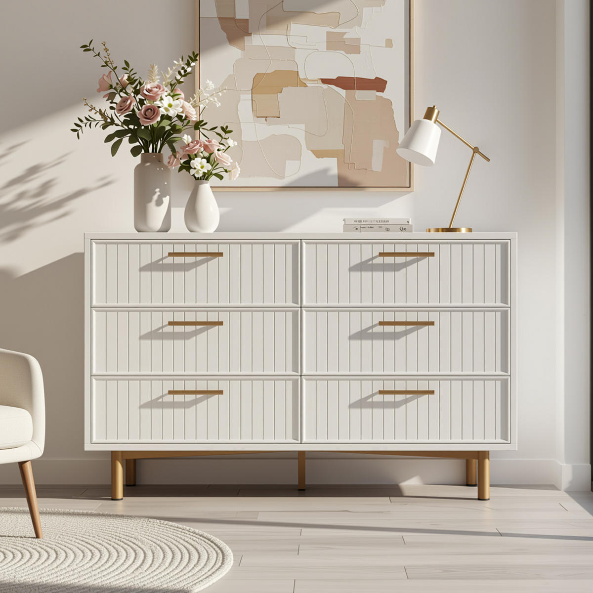 SIDEBOARD holzwerkstoff weiß mit geriffelter front & 6 schubladen - Weiß, Holzwerkstoff (120/40/75cm) - Urban Meuble