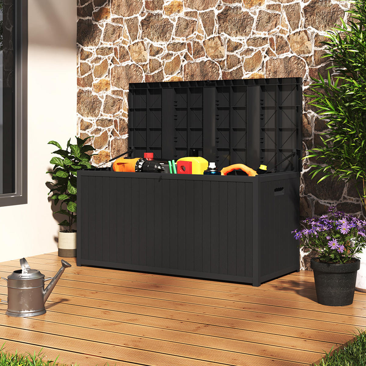 GARTENBOX Kissenbox Auflagenbox 430L aus PP-Kunststoff in Schwarz Abschließbar Wasserdicht Robust Tragegriffe 125 × 56 × 61,5 cm - Schwarz, Kunststoff (125/61.5/56cm) - Livingandhome