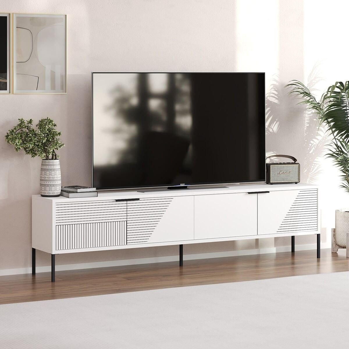 TV-MÖBEL auf Füßen mit 2 klappbaren, gerippten Türen 30/180/45 cm - Weiß, Holzwerkstoff (30/45/180cm) - Calicosy