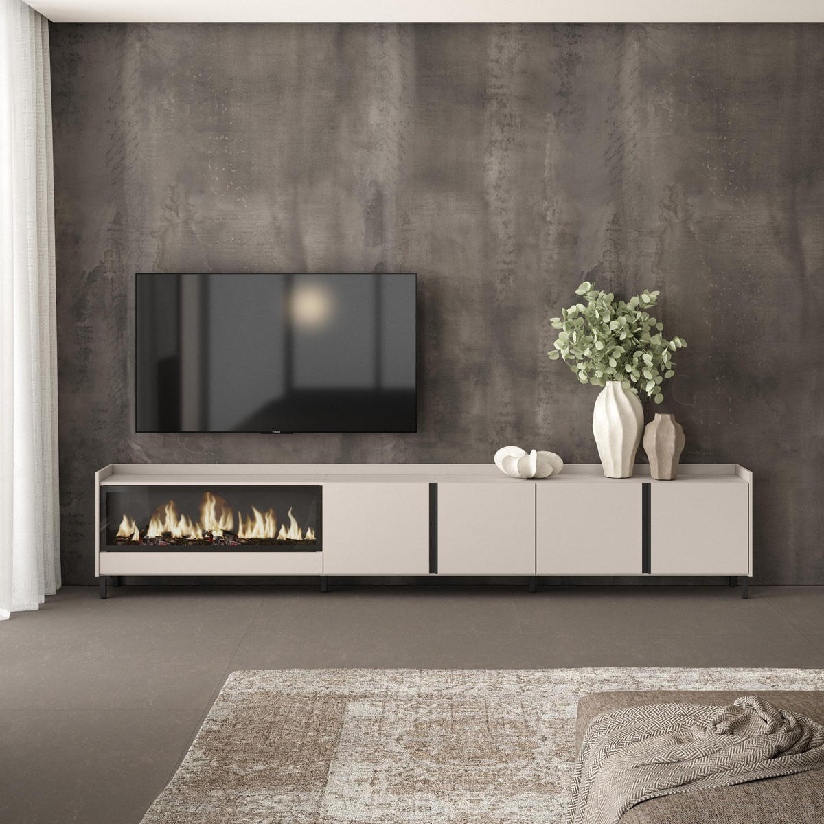 LOWBOARD, Beige, 315/35/61cm, Kamin mit Feuereffekt XXL - Beige, Holzwerkstoff (315/61/35cm) - Skraut Home