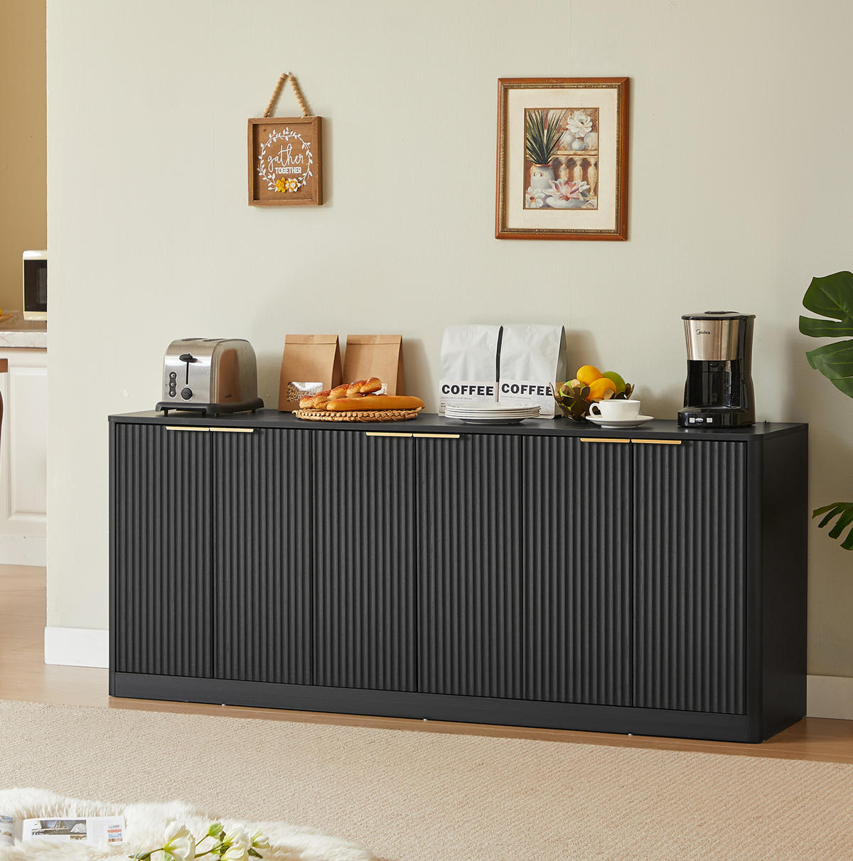 SIDEBOARD 170/40/70,5 cm aus MDF mit 6 Türen, wellenförmiger Front und viel Stauraum, Schwarz - Goldfarben/Schwarz, Holzwerkstoff/Metall (170/70.5/40cm) - Redom