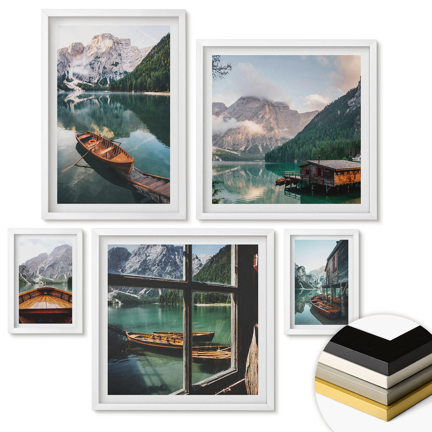 WANDBILDER 5er-Set - 50x50 cm & 20x30 cm & 40x60 cm Weißer Rahmen - See, Berge, Boote, Hütte, Fenster - Weiß, Kunststoff (40/60cm) - ArtPrintCave