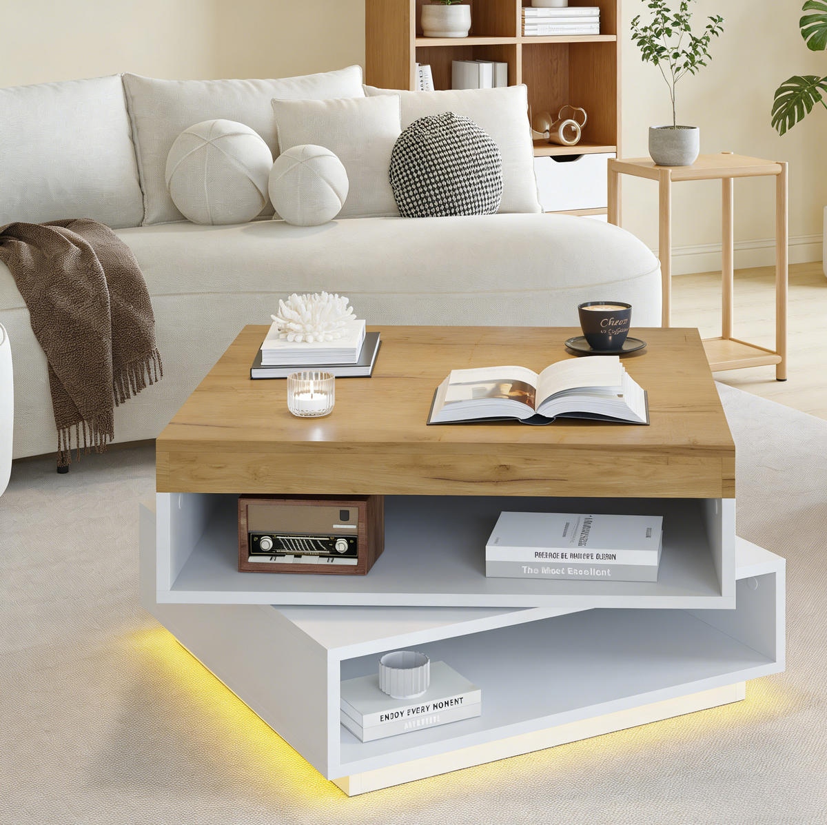 COUCHTISCH 65/65/40 cm mit 360° drehbarer Tischplatte, LED-Beleuchtung und offener Ablage, Weiß/Holzton - Weiß, Holzwerkstoff (65/65/40cm) - Redom