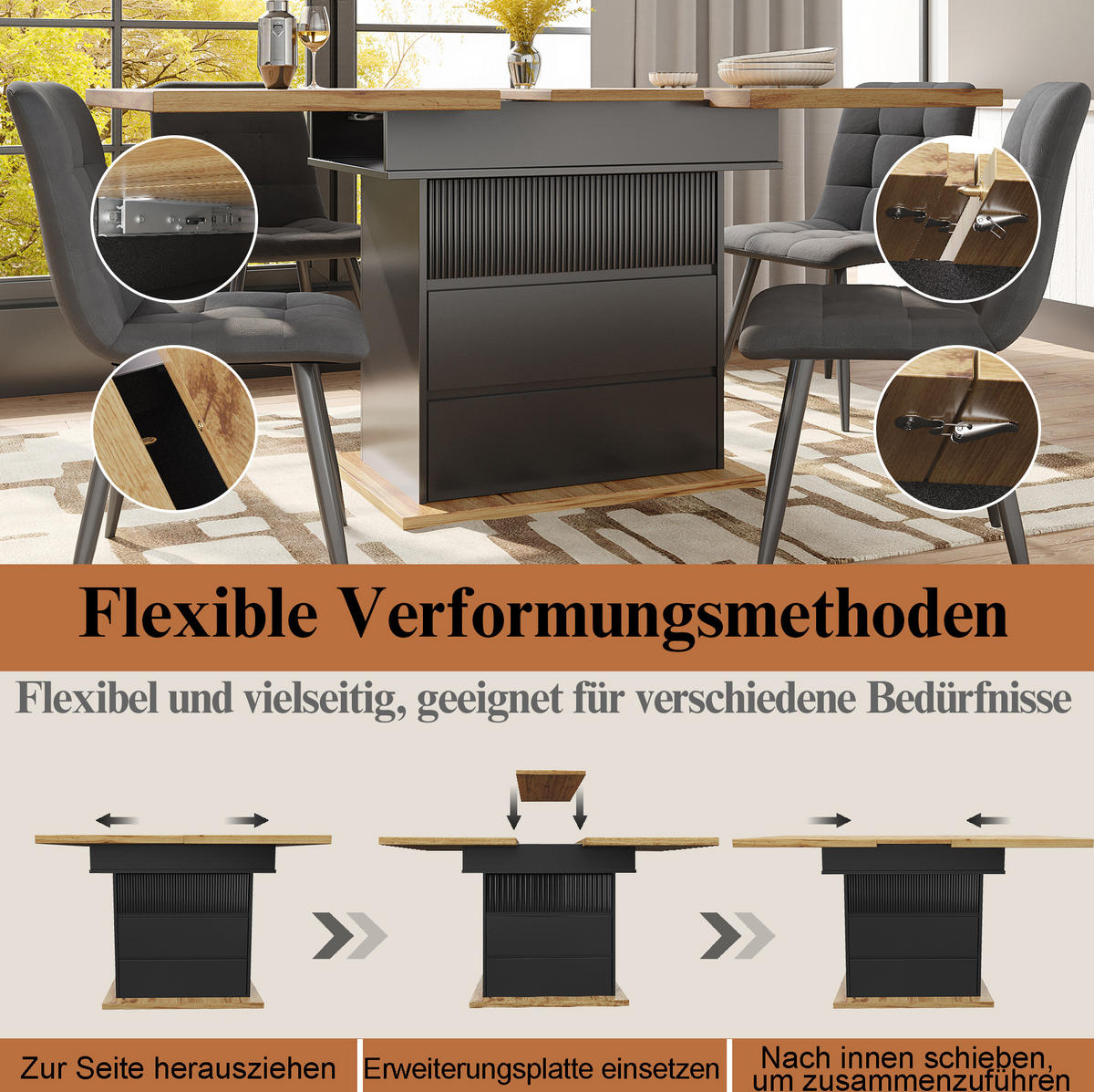 ESSTISCH aus MDF 110-140x80x75 cm Schwarz/Natur ausziehbar mit Stauraum und Soft-Close-Klappe - Schwarz, Holzwerkstoff (110/80/75cm) - Modfu
