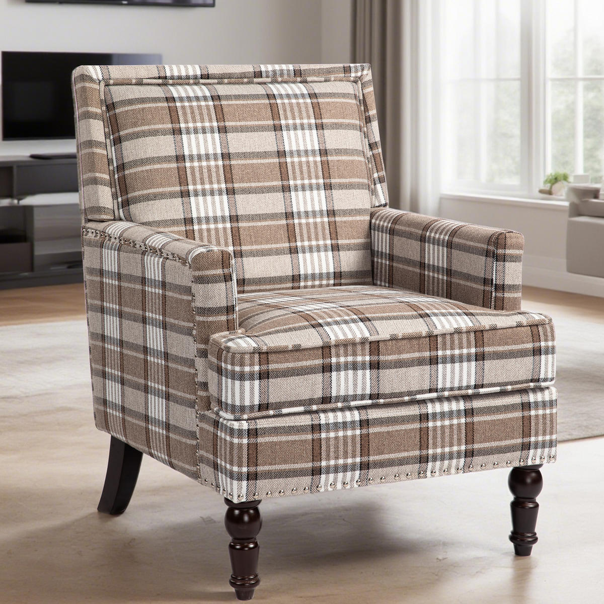 SESSEL Leinen Braun & Weiß - Braun/Weiß, Holzwerkstoff/Textil (69/89/69cm) - WISHDOR