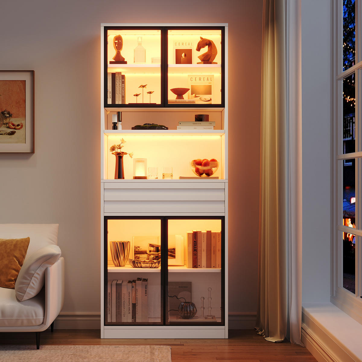 VITRINE 80x35x200 cm Weiß mit RGB LED und 4 Glastüren - Weiß, Holzwerkstoff (80/200/35cm) - FLIEKS