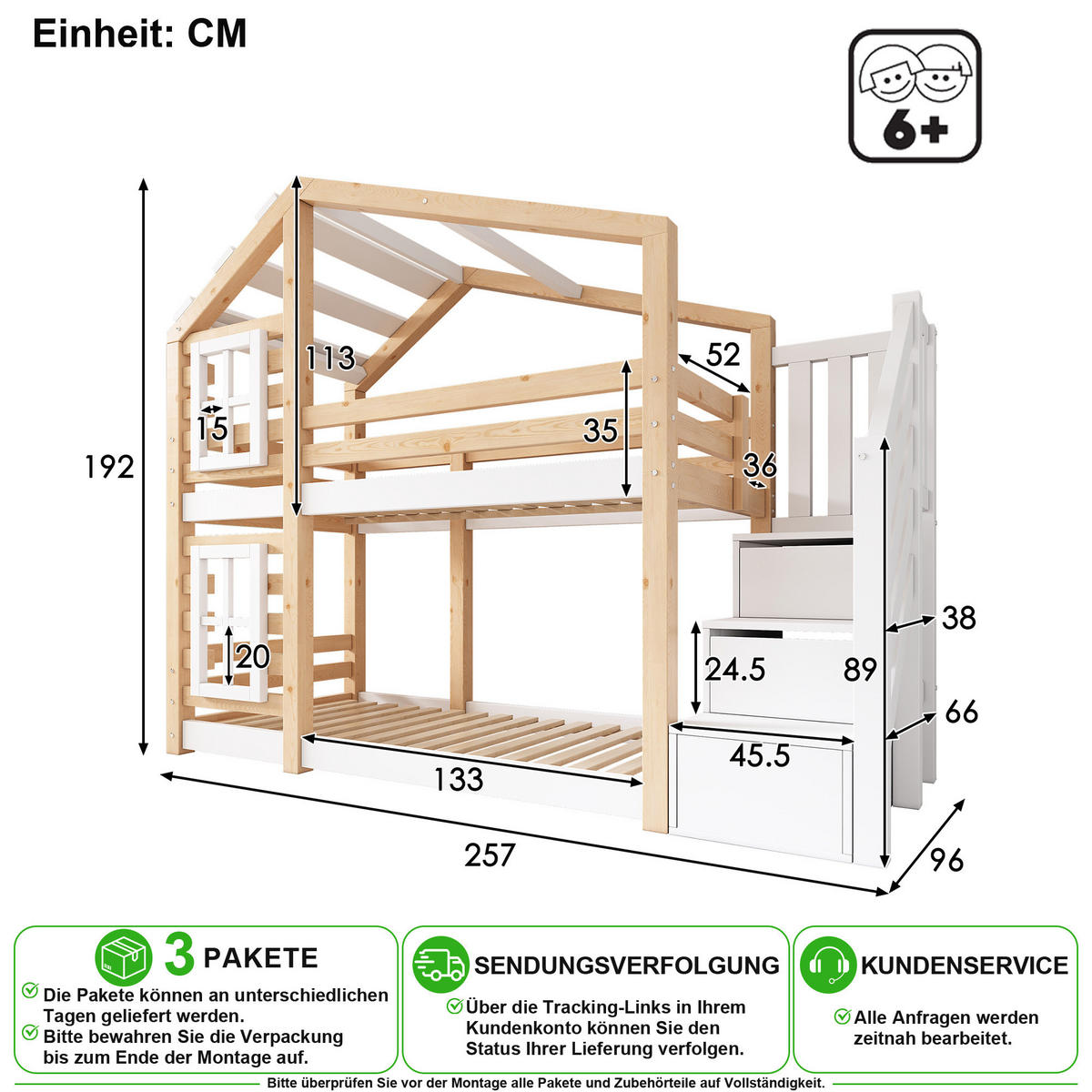 ETAGENBETT 90/200 cm & 90/200 cm in Natur & Weiß mit Stauraum und Fensterdesign - Weiß/Naturfarben, Holz/Holzwerkstoff (90/200cm) - CHICFURN