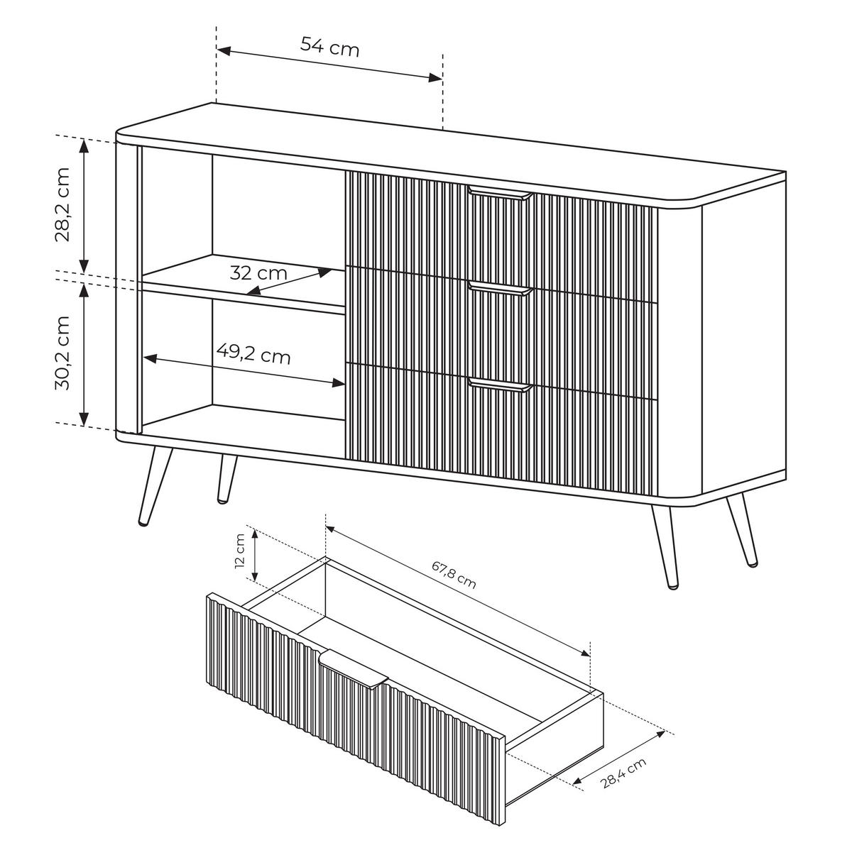SIDEBOARD Vespasia 1T 3S Schwarz 138,2/81,2/38 cm – Geriffelten Fronten - Schwarz, Holzwerkstoff/Metall (138.2/81.2/38cm) - AX Living