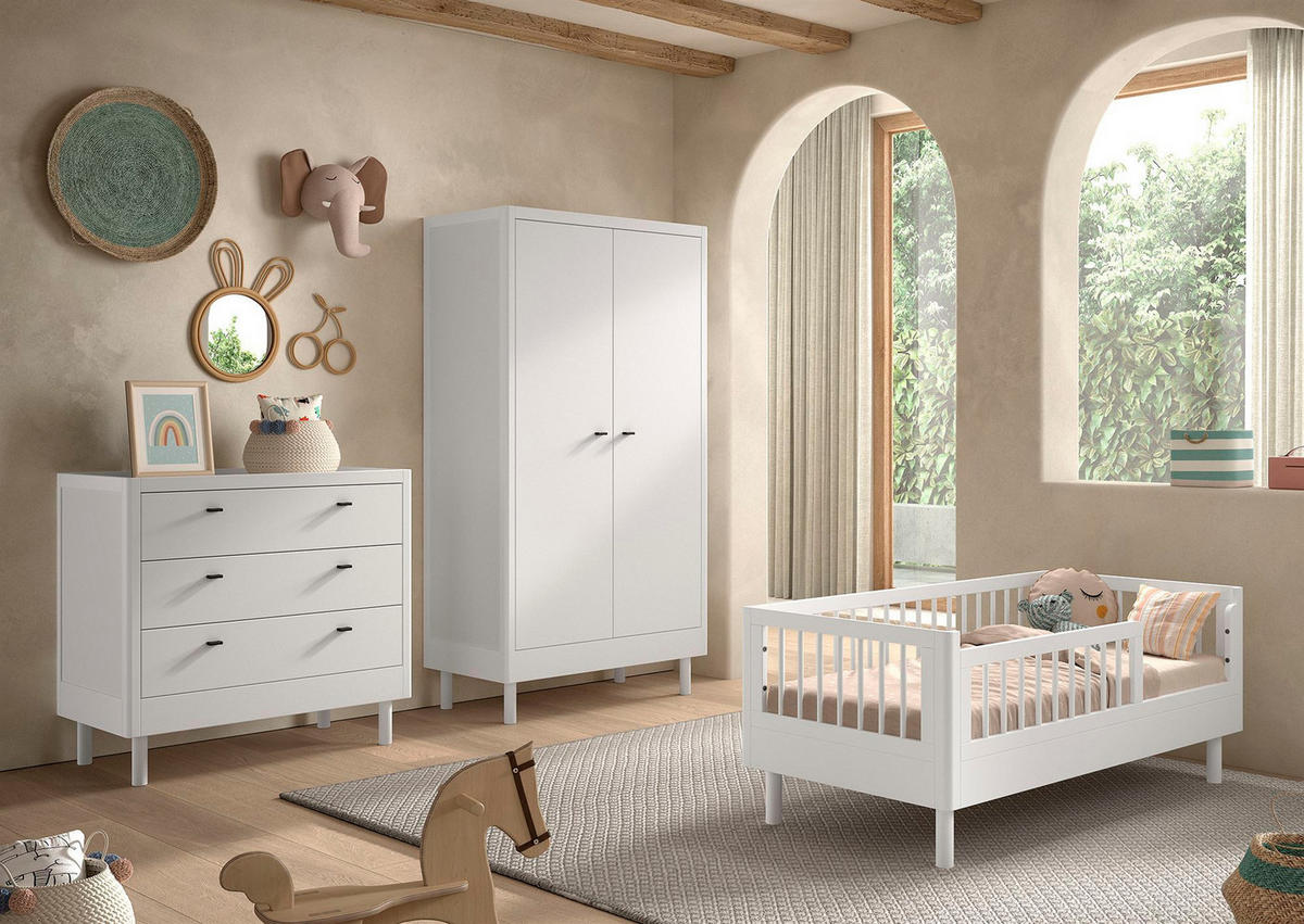 JUNIORBETT SET 70x140 Keeley Buche Weiß Holz Schrank Komfort Stabil - Weiß, Holz (55/190/100cm) - 58aufmkessel