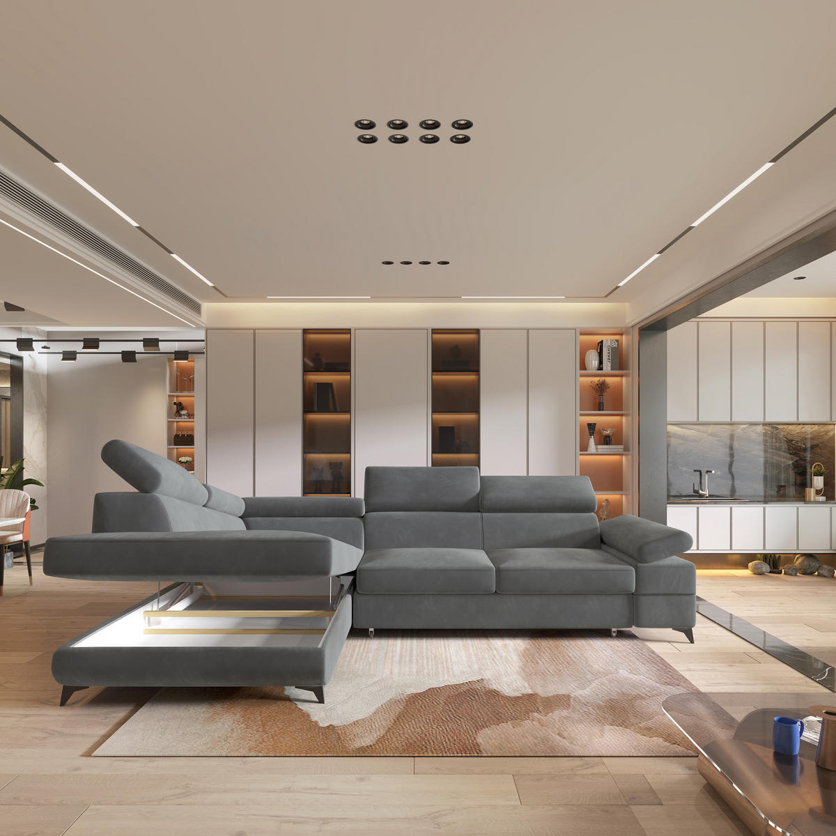 ECKSOFA FAVIEN L-S Grau Velours-Stoff mit Schlaffunktion - Grau, Holz (257/190cm) - MASSENO