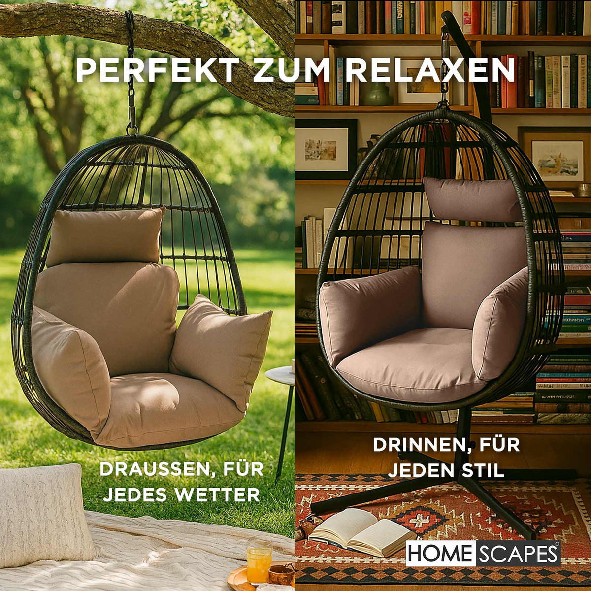 KISSEN für Hängesessel – wetterfest mit Kopfstütze - Beige, Textil (110/15/112cm) - Homescapes