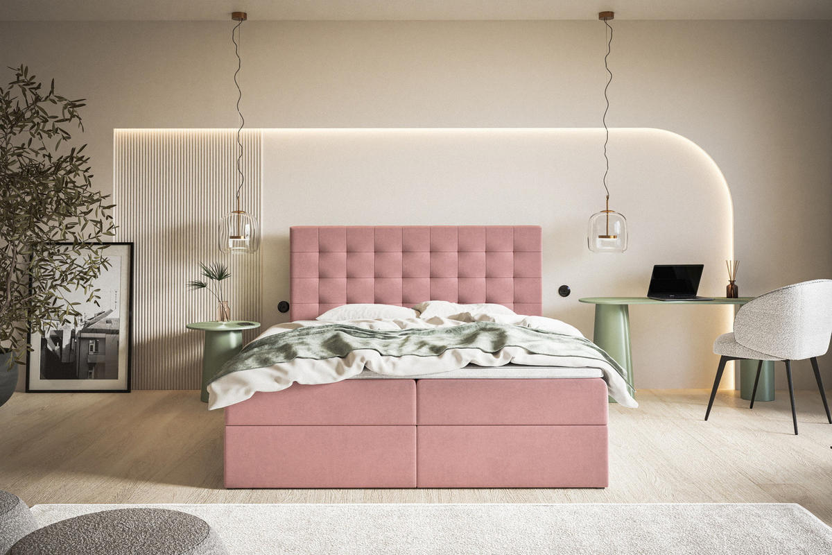 BOXSPRINGBETT 180x200 Jora mit Matratze H3, Bettkasten, Rosa - Pink, Holz/Textil (180/200cm) - Emporius