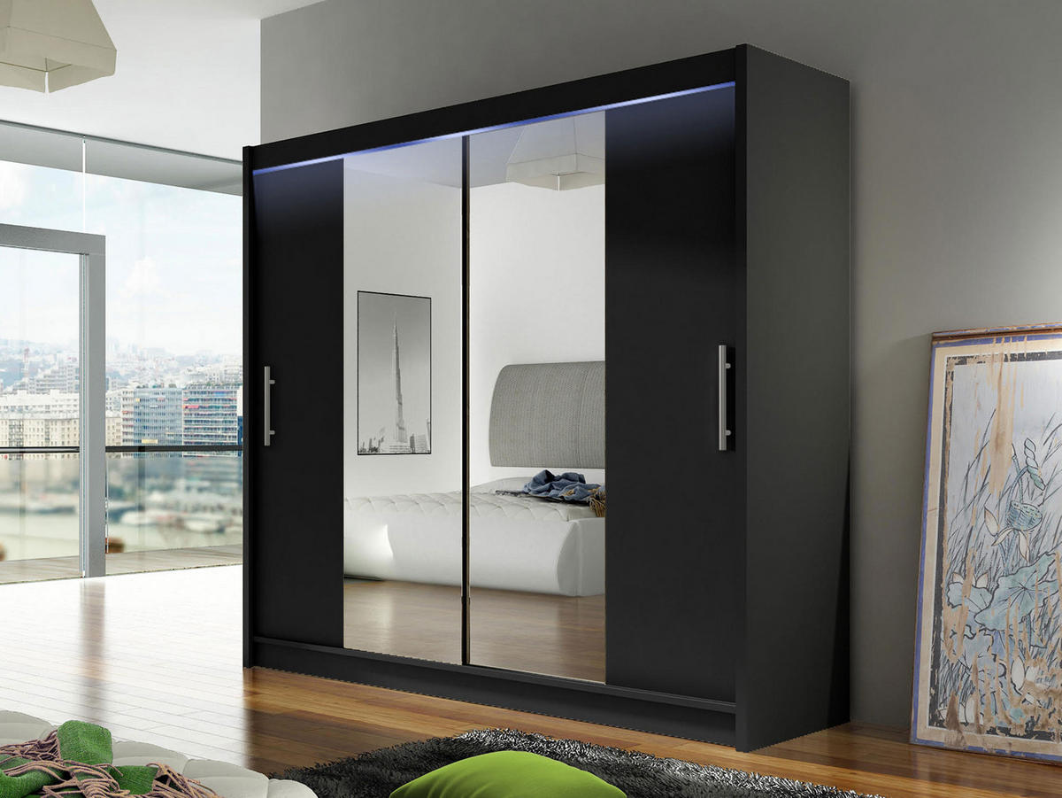 KLEIDERSCHRANK London II, mit RGB LED Beleuchtung - Silberfarben/Schwarz, Holzwerkstoff/Kunststoff (180/215/58cm) - MIRJAN24