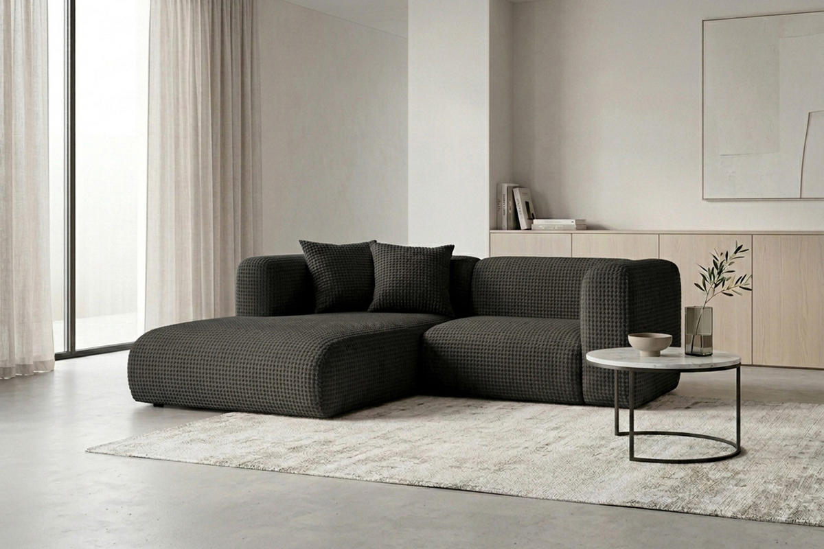 ECKSOFA L-Form mini, Chenille-Stoff Cremona, Anthrazit, Links, GRETA - Anthrazit, Holz (226/179cm) - Kaiser Möbel