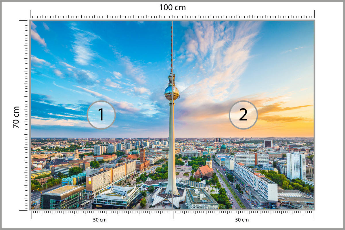 FOTOTAPETE für Wohnzimmer Fernsehturm Berlin Stadt Wolkenkratzer 100x70 - Beige/Orange, Papier (100/70cm) - Muralo