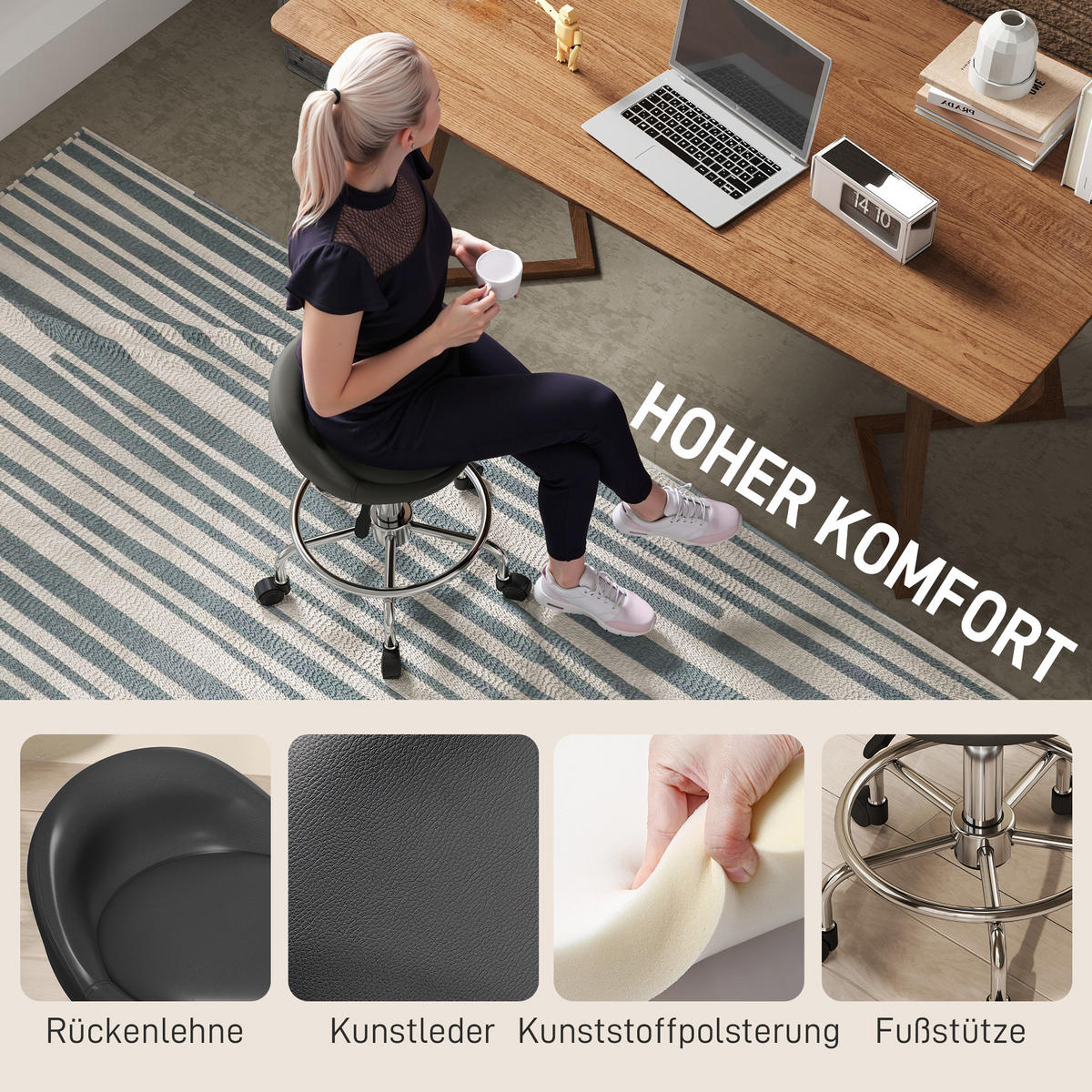 ROLLHOCKER höhenverstellbar mit Rückenlehne Drehhocker 59-75 cm Arbeitshocker - Schwarz, Kunststoff (43/75/43cm) - HOMCOM