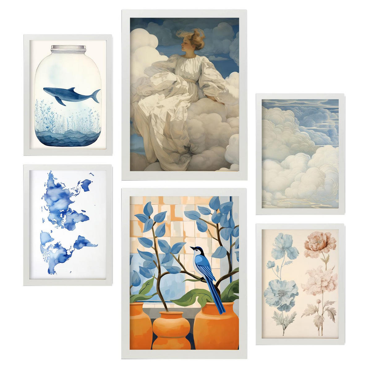POSTER Set Mit 6 Blaue Wolken A3 & A4 Weißer Rahmen - Weiß, Papier (29/3cm) - Nacnic