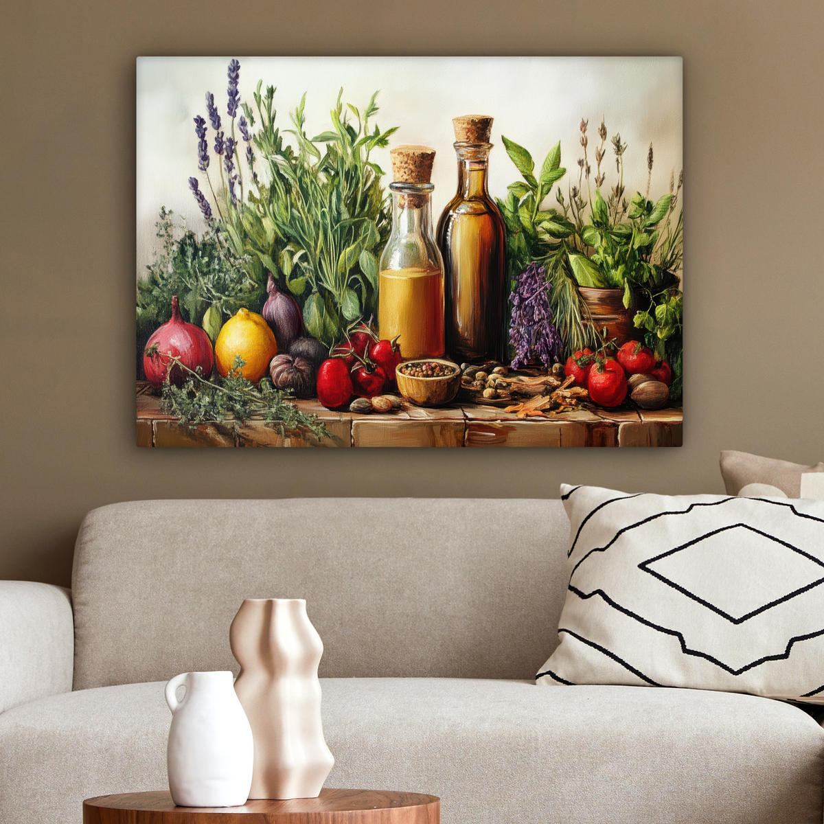 LEINWANDBILD Stilleben - Kräuter - Gewürze - Früchte - Farbenfroh Wandbilder 80x60 cm - Grün, Textil (80/60cm) - MuchoWow