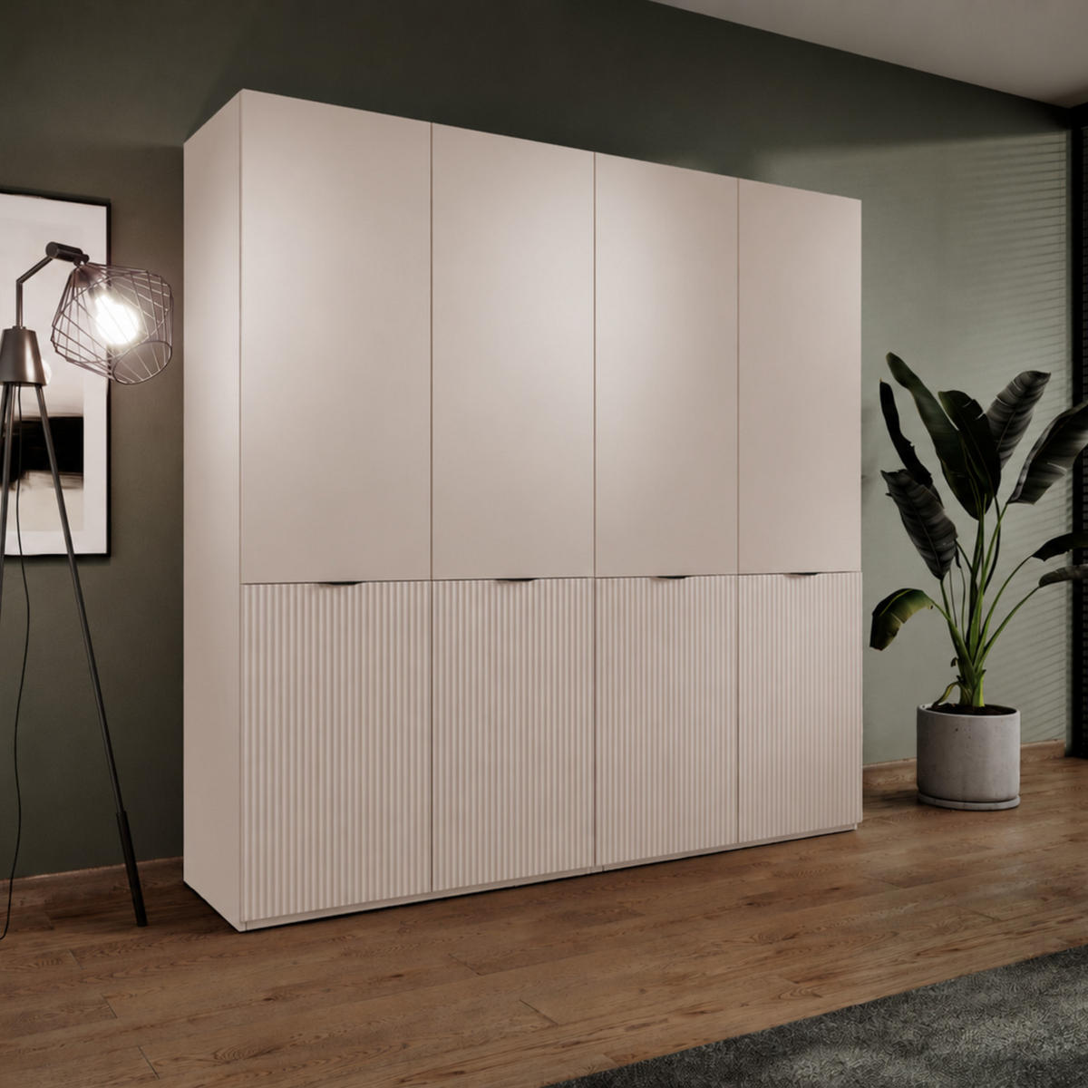 KLEIDERSCHRANK ZEN (Modular, Beige Matt, Rillenfront, 4-türig) - Beige/Schwarz, Holz/Holzwerkstoff (202/200/51cm) - Ravio