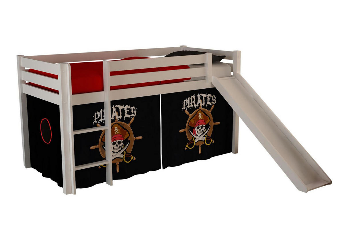 HOCHBETT mit Rutsche Karolina Massivholz Weiß Textilset Pirate - Schwarz/Weiß, Holz (90/200cm) - 58aufmkessel