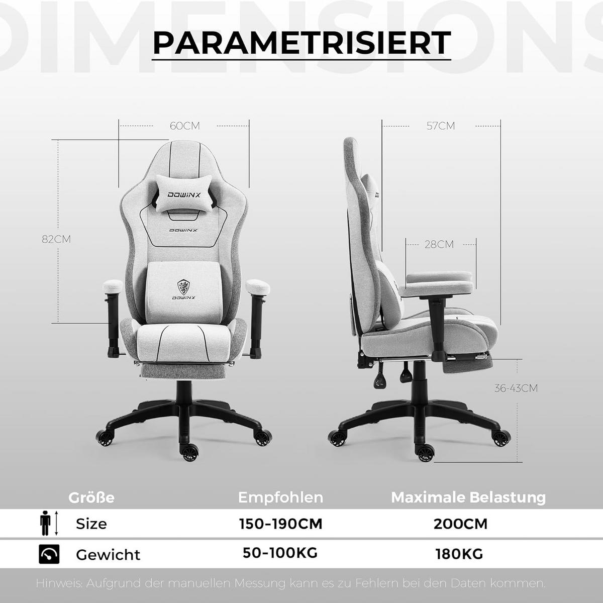 GAMING Stuhl Stoff & Taschenfederkissen PC Bürostuhl & Fußstützen - Grau, Textil (70/130/60cm)