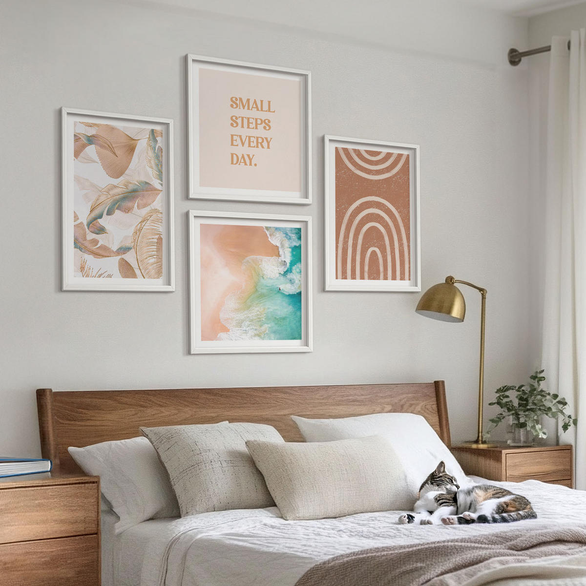 WANDBILDER 4er-Set - 50x50 cm & 40x60 cm Weißer Rahmen - Zarte Boho-Blätterschrift - Weiß, Kunststoff (50/50cm) - ArtPrintCave