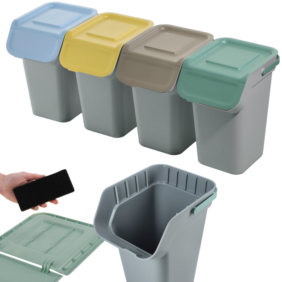 ABFALLBEHÄLTER-SET, 4x25L, Dunkelgrau - Gelb/Braun, Kunststoff (27/44cm) - KADAX
