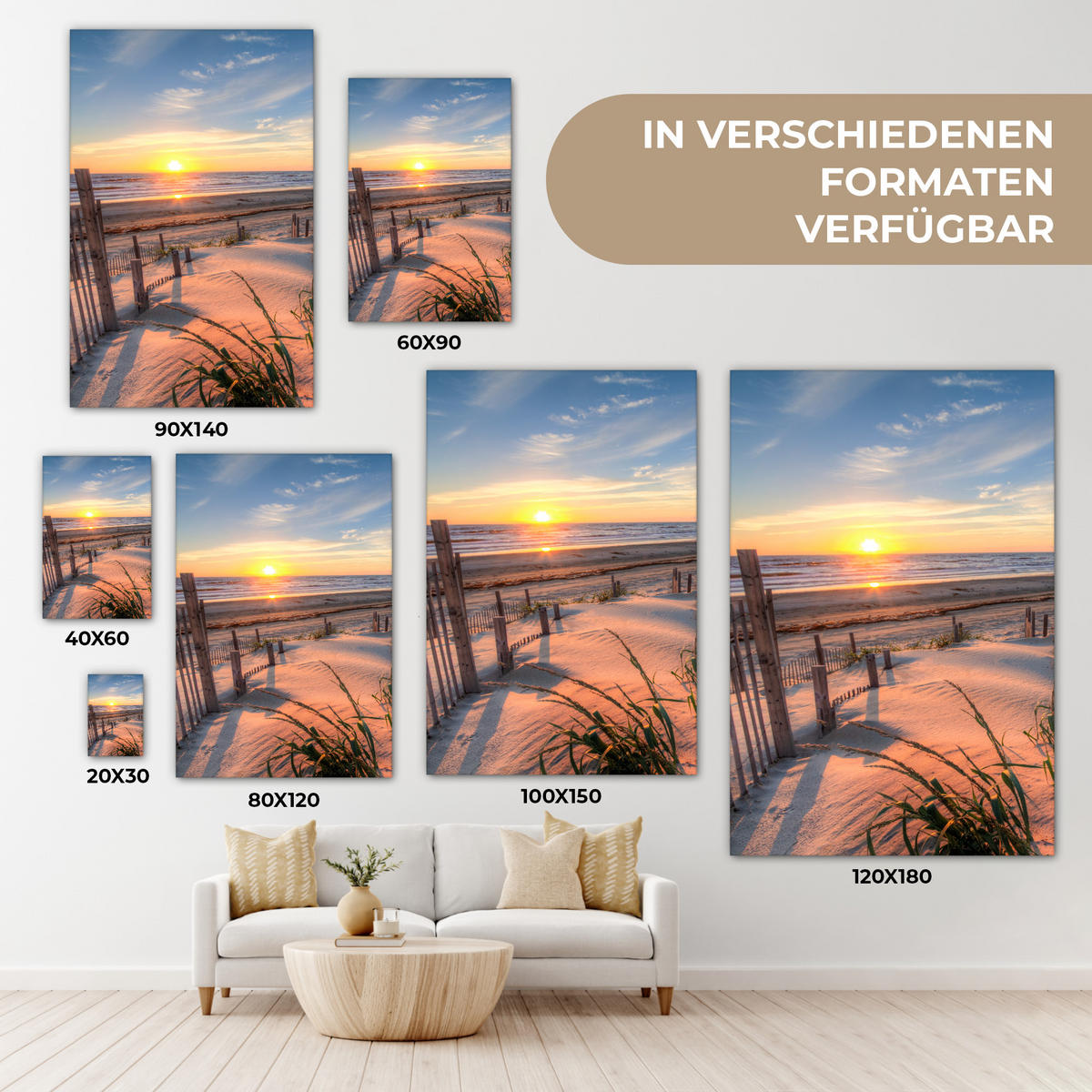 LEINWANDBILD Strand - Meer - Düne - Sonnenuntergang - Landschaft 40x60 cm - Beige, Textil (40/60cm) - MuchoWow
