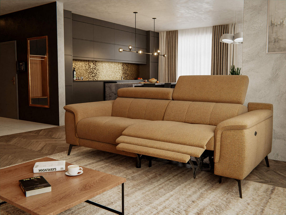 RELAXSOFA FIERO 3-Sitzer mit 1 Relaxfunktion, orange - Schwarz/Orange, Holzwerkstoff/Textil (212/82/103cm) - Courtois Laville