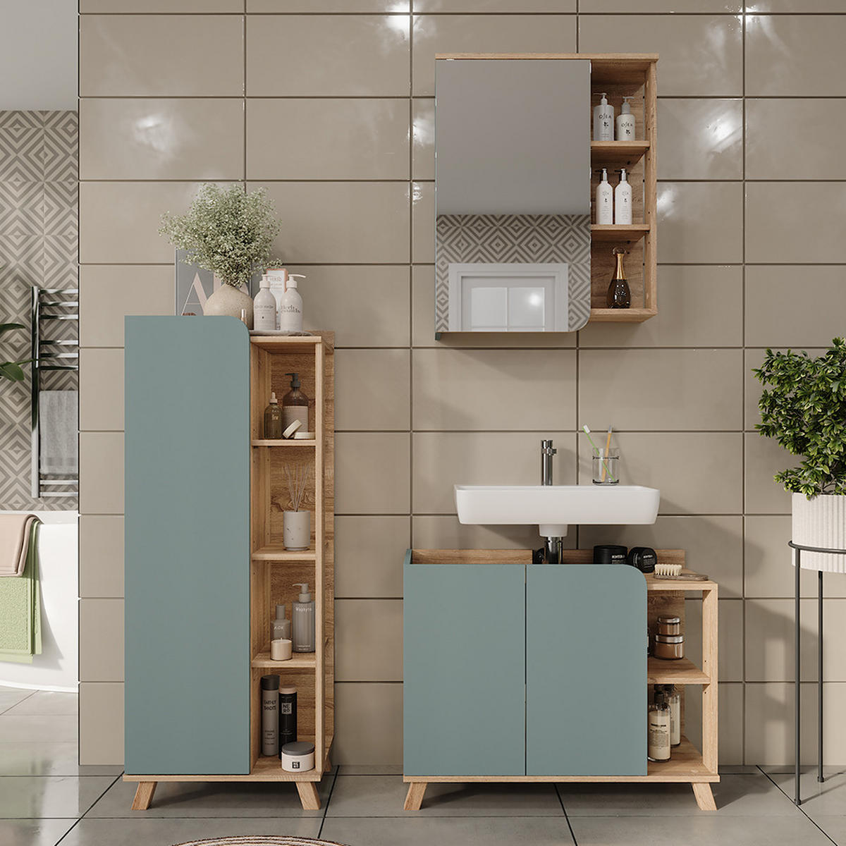 BADMÖBEL-SET Karen Sonoma/Blau 3 Teile - Blau, Holzwerkstoff (80/65/35cm) - Vicco