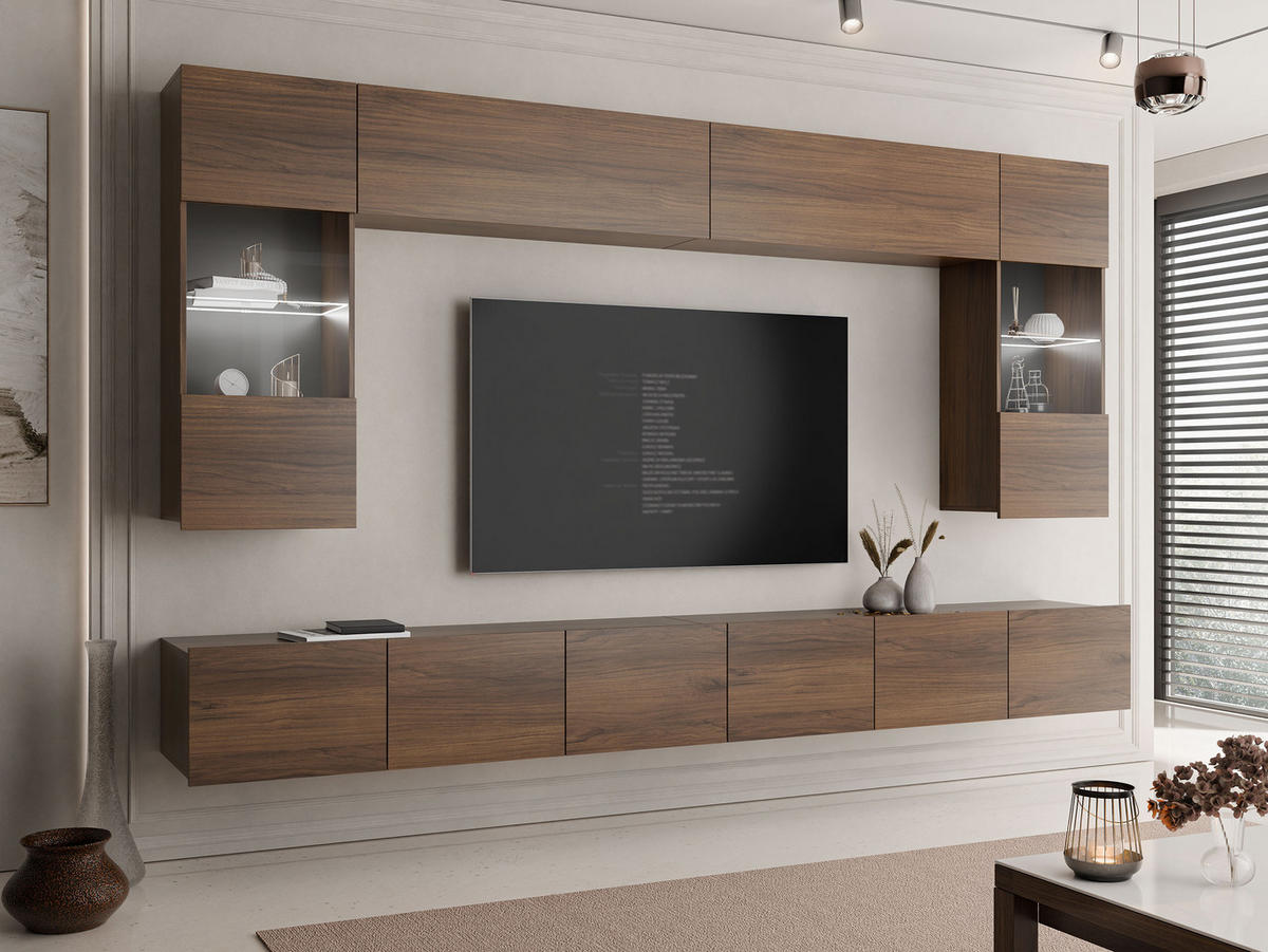 WOHNWAND Calabrini I mit weißer LED Beleuchtung - Nussbaumfarben, Holzwerkstoff (300/117/43cm) - MIRJAN24