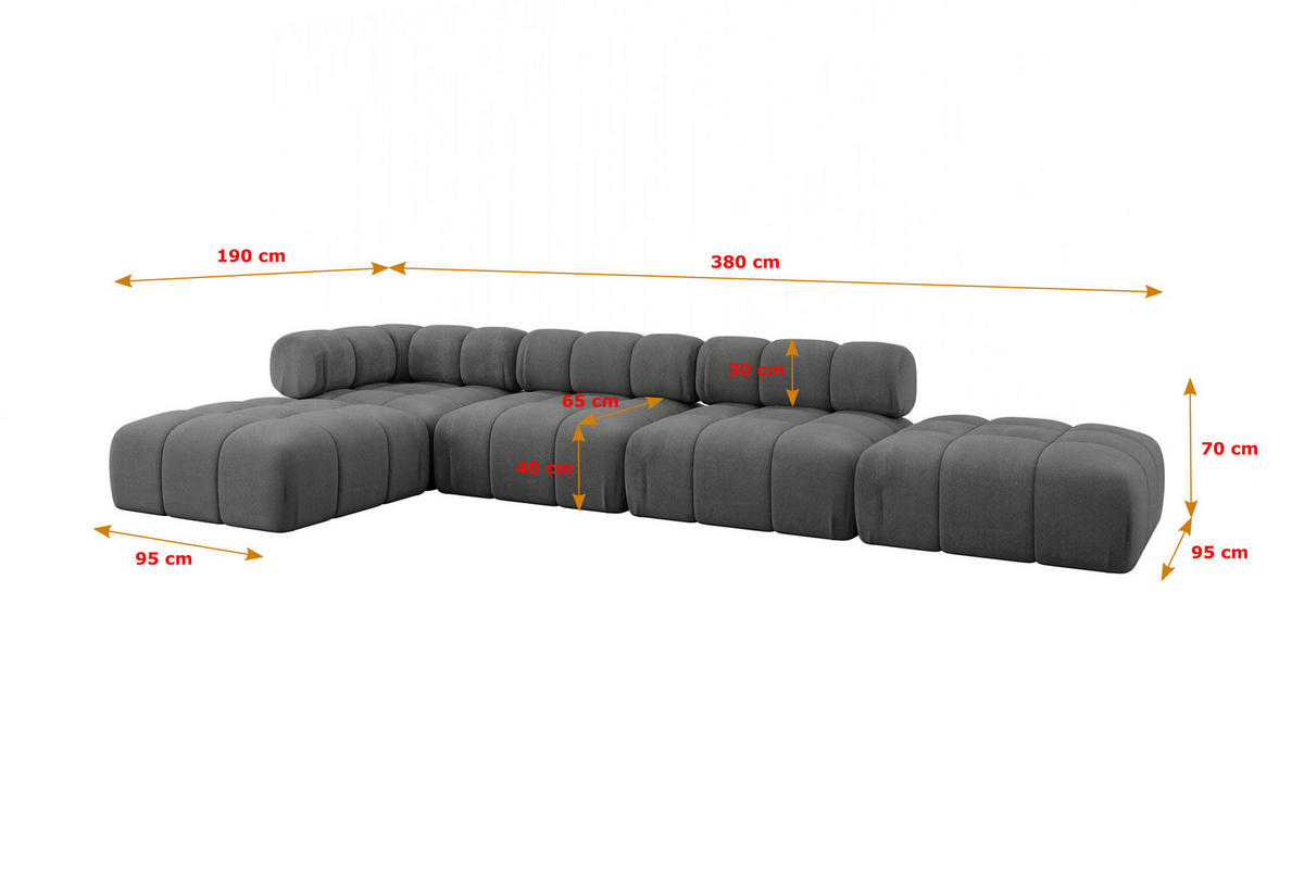 ECKSOFA modulares Sofa Kerru-L2 - 380x190x70 cm Dunkelgrau Velours - Dunkelgrau, Holzwerkstoff/Textil (380/190cm) - ALTDECOR
