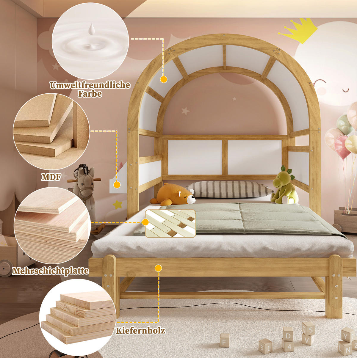 KINDERBETT aus Kiefernholz und MDF 140x200 cm Weiß/Natur mit Ausziehbett und Ablagefläche - Weiß, Holzwerkstoff (140/200cm) - IVMEU