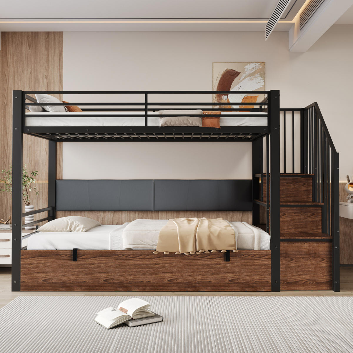 PATROVÁ postel 90/200 cm černá z kovu a MDF s úložným prostorem - černá, plast (90/200cm) - OKWISH