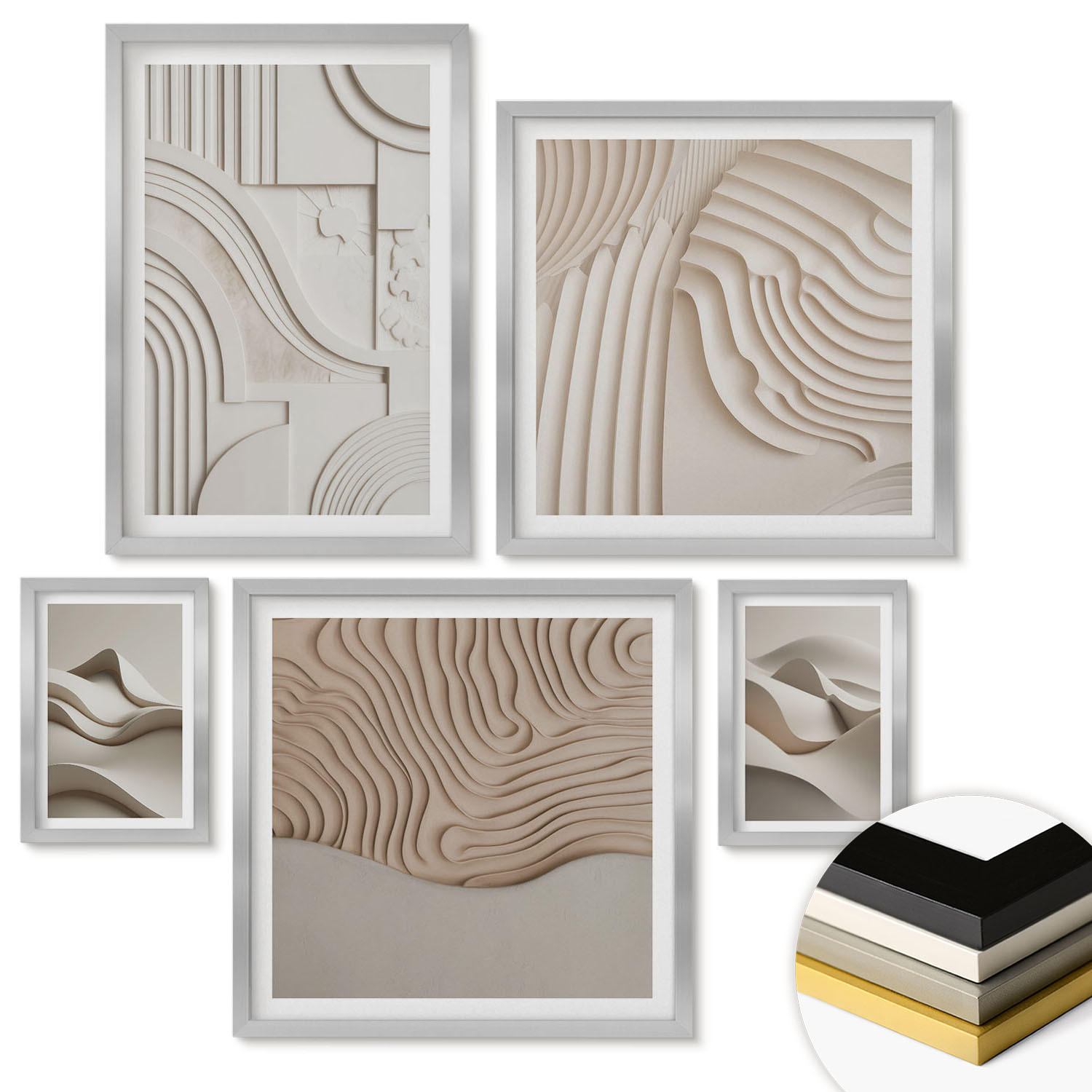 WANDBILDER 5er Set - 50x50 cm & 20x30 cm & 40x60 cm Silberner Rahmen - Abstrakte beige Wellen - Silberfarben, Kunststoff (40/60cm) - ArtPrintCave