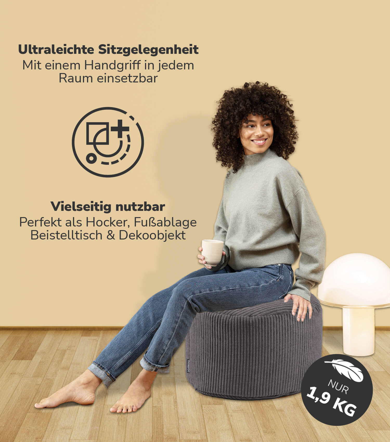POUF Cord Der Faule Lenz - Anthrazit, Textil (60/40/60cm) - Mokebo