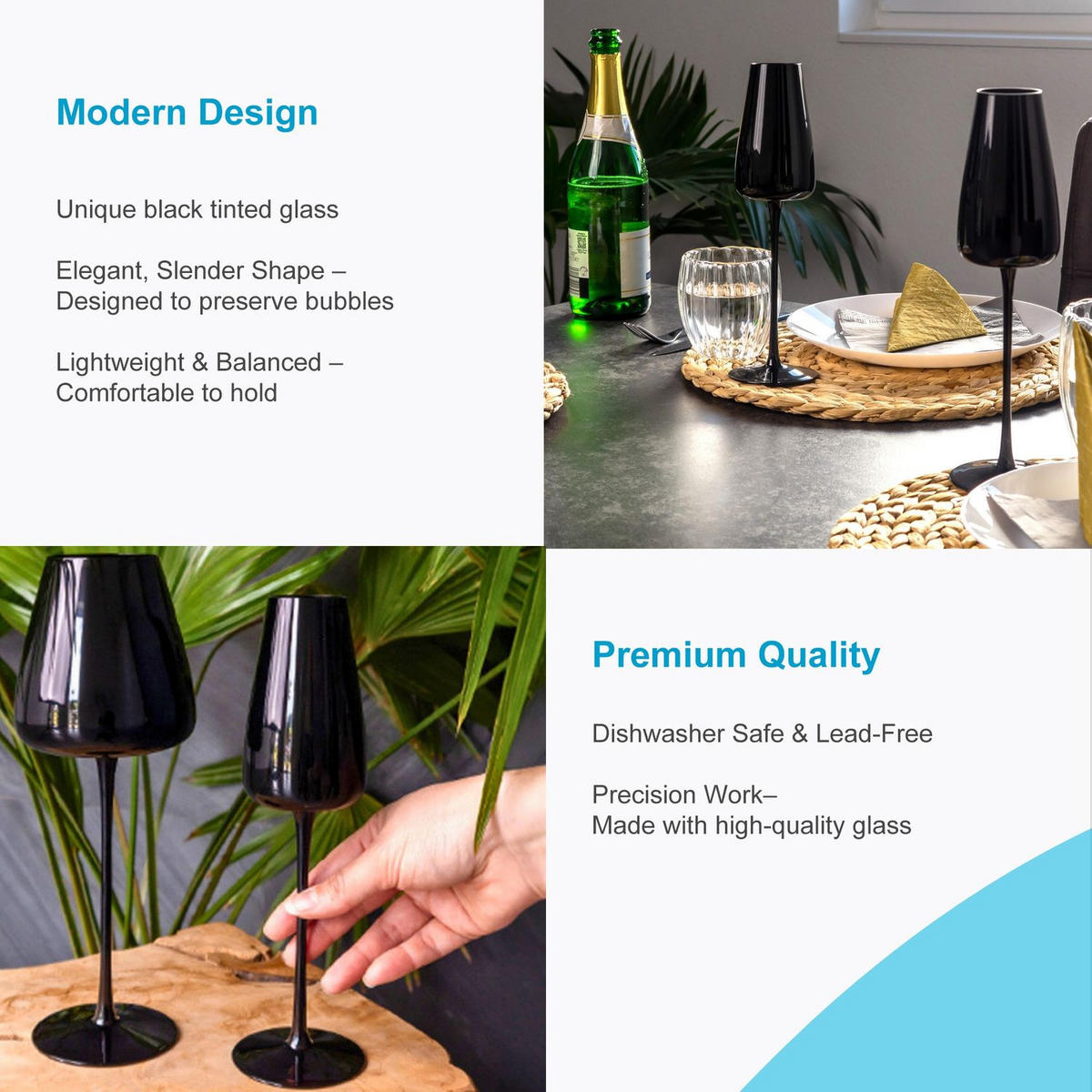 CHAMPAGNERGLÄSER 220 ml (4er-Set) - Schwarz, Glas (0.2L) - Intirilife