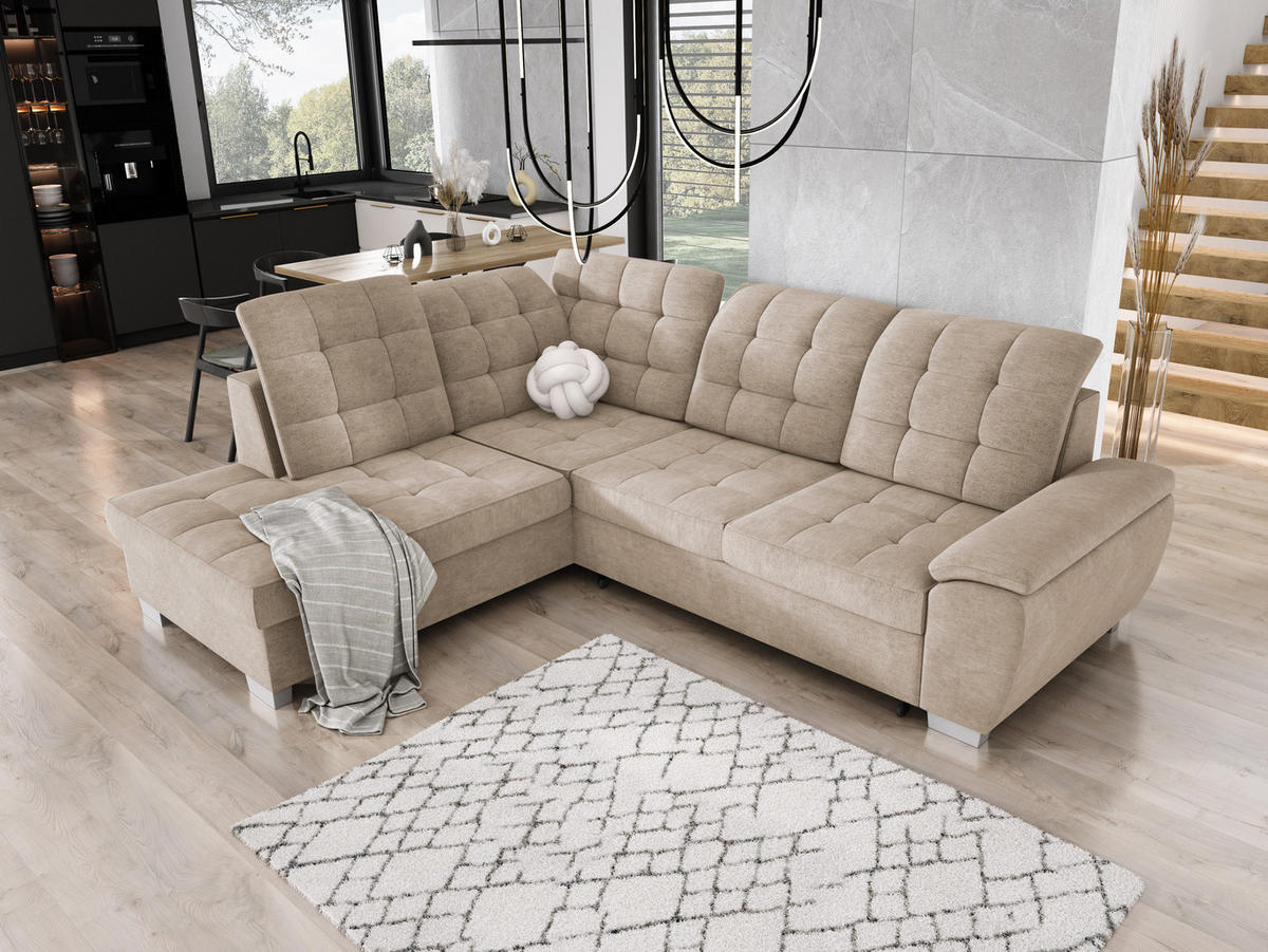 ECKSOFA LOTTA L-förmig Bettkasten verstellbare Kopfstützen hochwertige Verarbeitung lose Rückenkissen freistehend LINKS 212x258x106 cm Sand-coloured - Sandfarben, Holz/Textil (212/258cm) - DomoHome