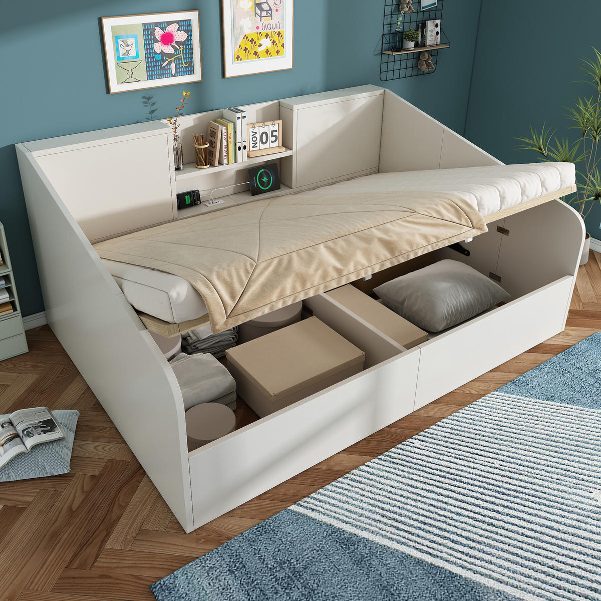 TAGESBETT 140/190 cm DE-00806, in Weiß, Hydraulik und 2 Ablagen - Weiß, Holz (140/190cm) - ComfortXL